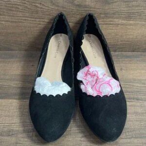 NWB Charter Club Wandaa Suede Wedge Heels 8.5M Almond Toe Scalloped Trim Black